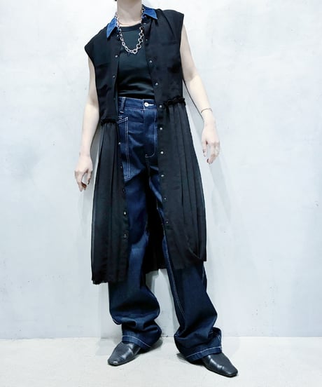 DIESEL N/S Denim Collar Sheer Pleats Dress BK