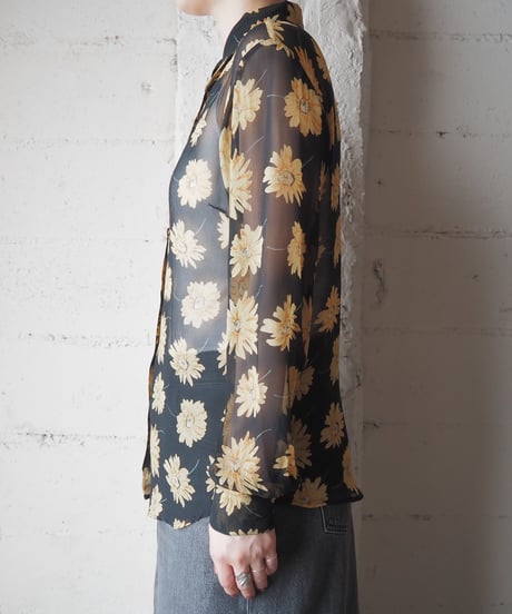 Flower Print Silk Sheer Shirt BKYE