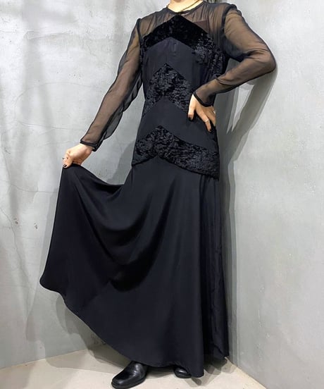 See through Velour Swiching Dress BK