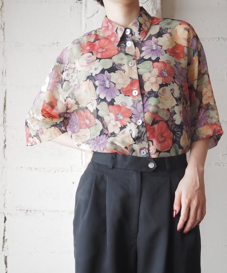 Flower Print Sheer Shirt BK RE LGN