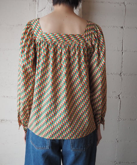 YVES SAINT LAURENT Square Neck Check Blouse OR