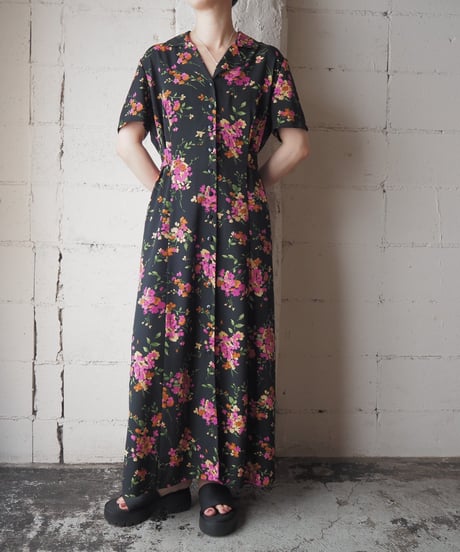 S/S Flower Pattern Open Collar Dress BKPI