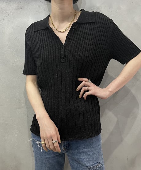 Lame Short Sleeve Polo Knit BK