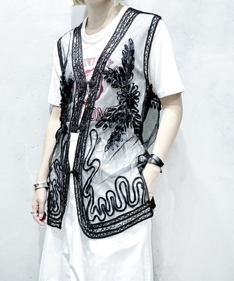Tape Embroidery × Beads Sheer Vest　BK