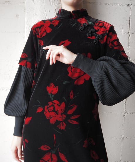 Floral Pattern Velour China Dress BKRE