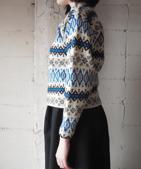 1970's Nordic Pattern Boat Neck Knit WH BL BK