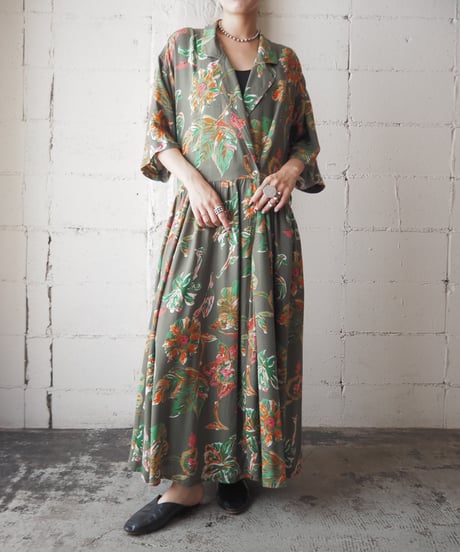 Open Collar Botanical S/S Pattern Dress KAGNPI