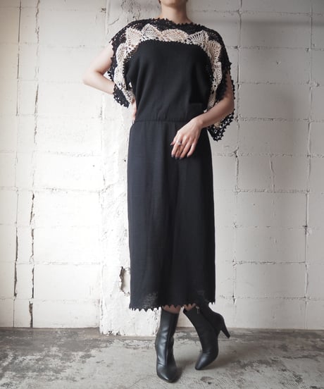 Crochet×Knit Half Sleeve Dress BK