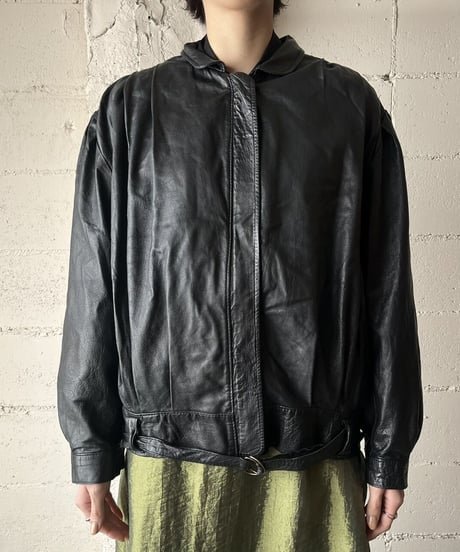 Belted Tuck Shoulder Leather Jacket BK