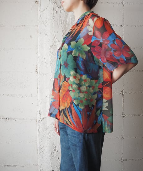s/s Open Collar Paint Flower Pattern Sheer Shirt BK GN RE
