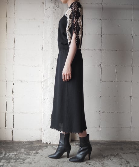 Crochet×Knit Half Sleeve Dress BK
