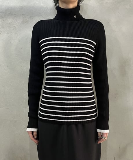 LAUREN Rib Knit Turtle Neck Border BKWH