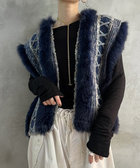 Fake Fur Design Knit Vest BLGR