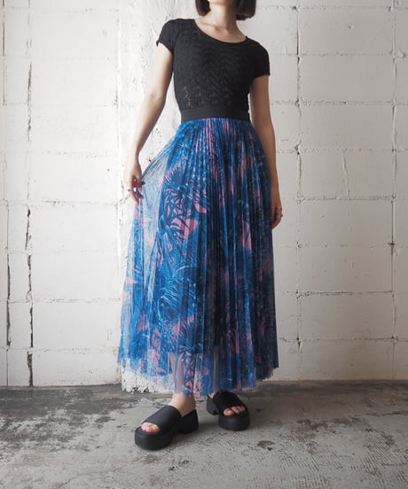 MSGM Botanical Print Tulle Pleats Skirt BL PK