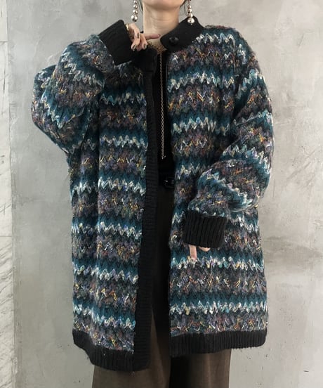 Mix Color Pattern Mohair Long Cardigan BLBK