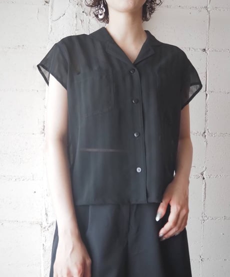 Open Collar Sheer Stripe Shirt BK