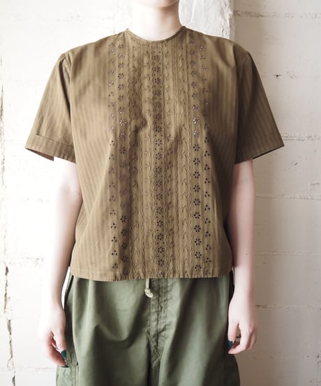 Back Button Cutwork Stripe Blouse