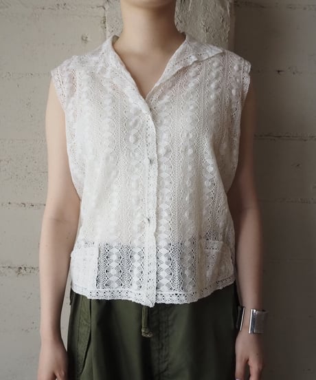 Open Collar Lace N/S Blouse  WH