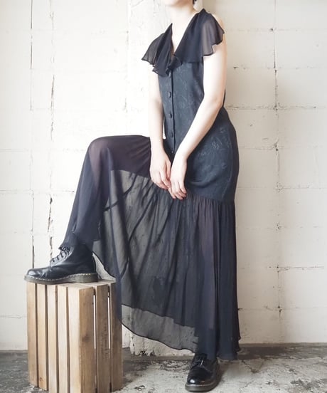 Flower×Sheer Tiered Dress BK