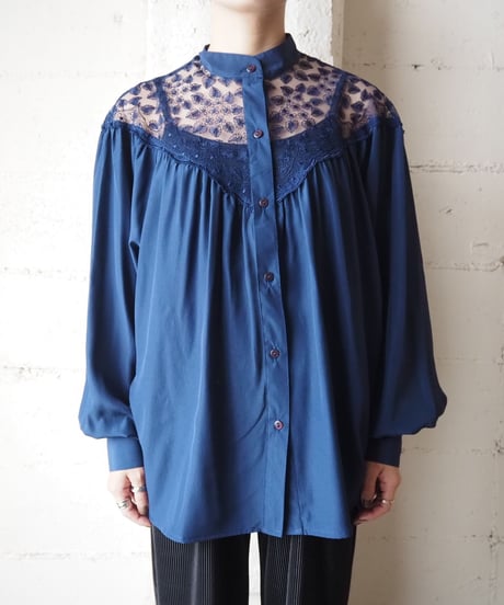 Lace Yoke Stand Collar Blouse NV