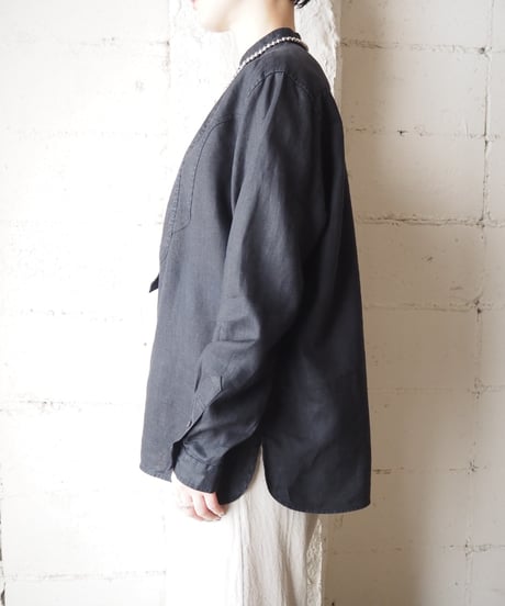 LAUREN Band Collar Linen Pullover Shirt BK