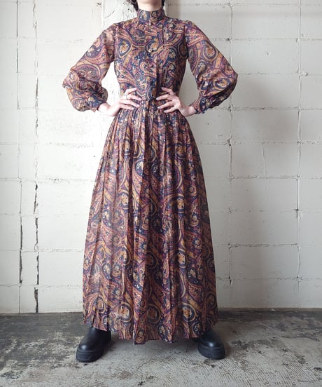 Paisley Pattern Stand Collar Pleated Dress NVBUR