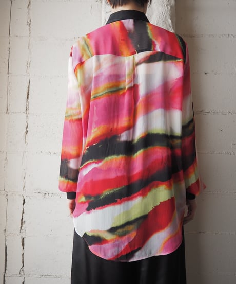 DKNY Sheer Watercolor Print L/S Blouse PI BK