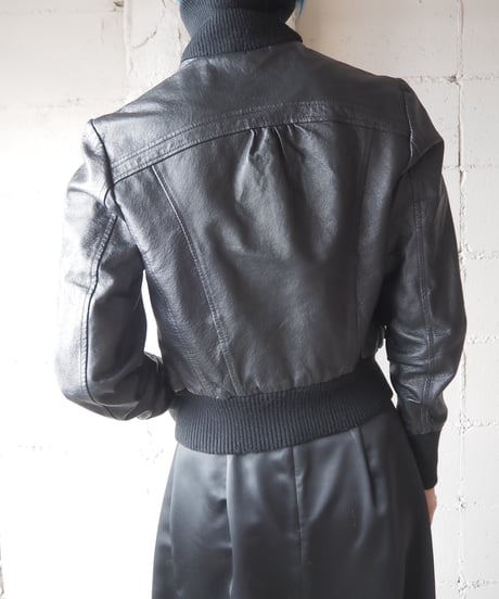 Rib High Neck Zipup Leather Jacket BK