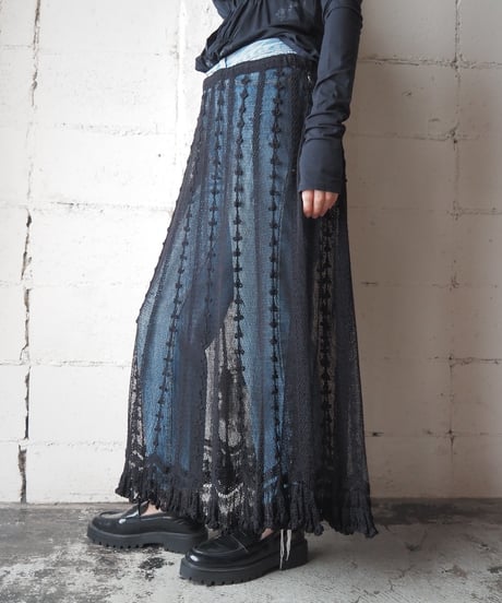 Mesh × Lace Volume Flared Skirt BK