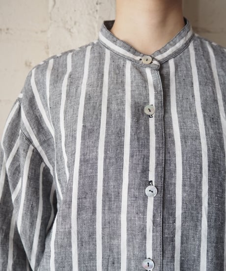 Band Collar Linen Stripe Shirt WHGR