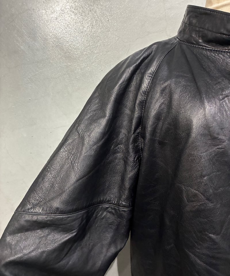 Stand Collar Dolman Sleeve Leather Coat BK | Orfeo