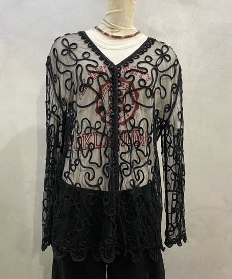 Tape Embroidery Sheer Cardigan BK
