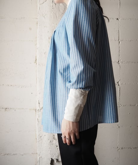 Stripe Long Cuff Stand Collar Blouse WHBL