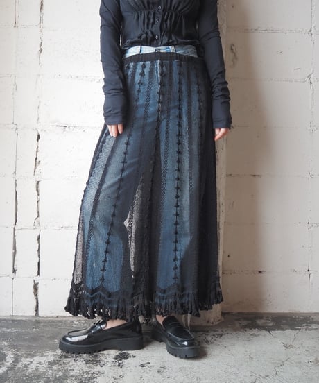 Mesh × Lace Volume Flared Skirt BK