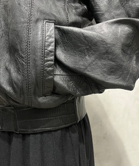 Belt Neck Zipup Leather Jacket BK