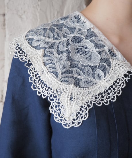 〜1980's Lace Collar Linen Mix Long Dress NV IV