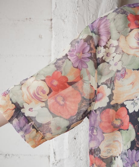 Flower Print Sheer Shirt BK RE LGN