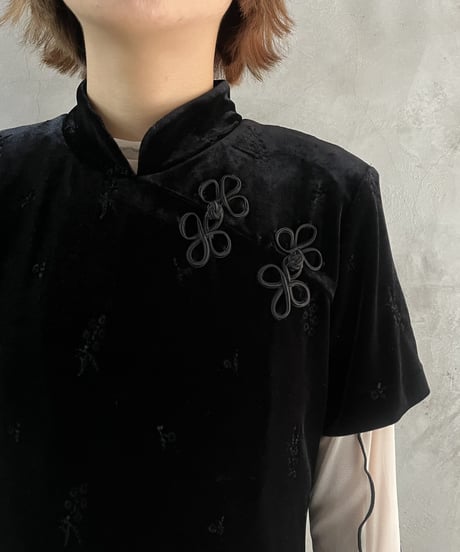 Flower Embroidery S/S Velour China Dress BK