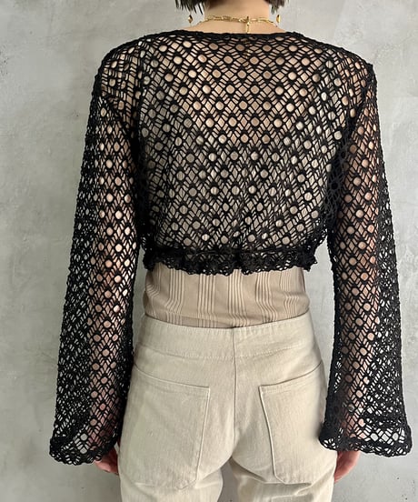 Mesh Cuff Flared Blouse BK
