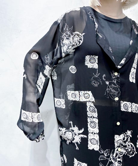 Baroque Motif Collarless Sheer Shirt Dress BK