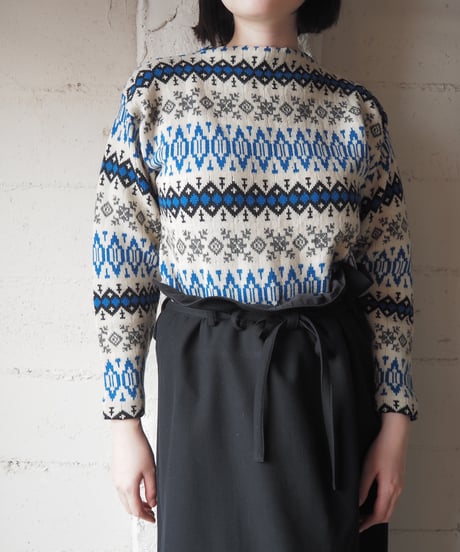 1970's Nordic Pattern Boat Neck Knit WH BL BK