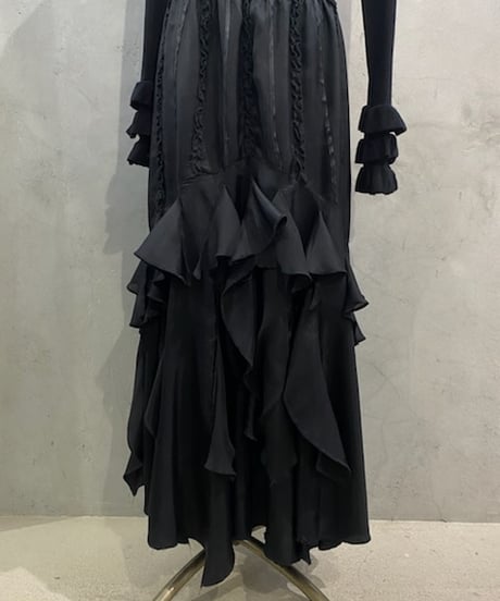 Frill Stripe Cascade Hem Skirt BK