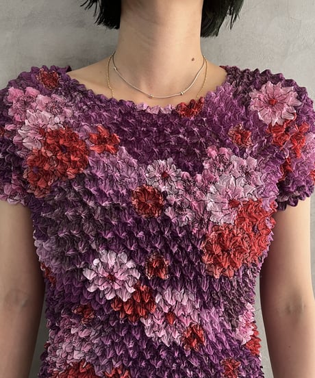 Popcorn Flower Pattern Short Sleeve Tops PURPI