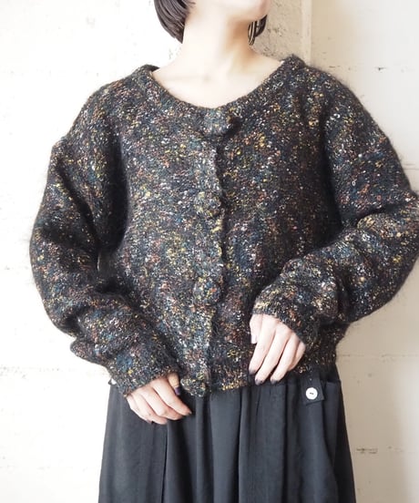Mix Color Collarless Knit Cardigan BKGN