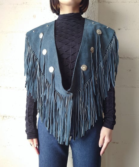 Concho Fringe Leather Cape BL