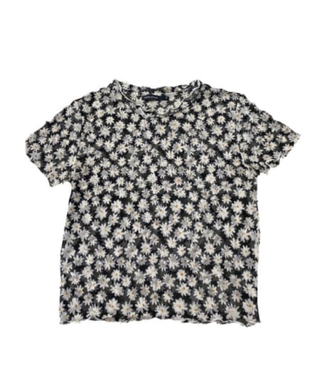 S/S Flower Pattern Sheer Tops BK WH