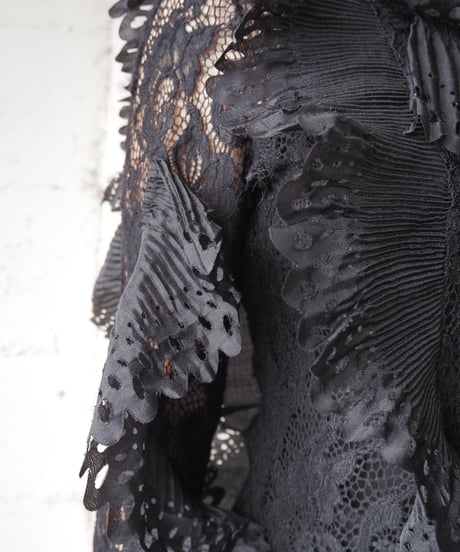 Cutwork Pleated Frill×Lace Bodysuit BK