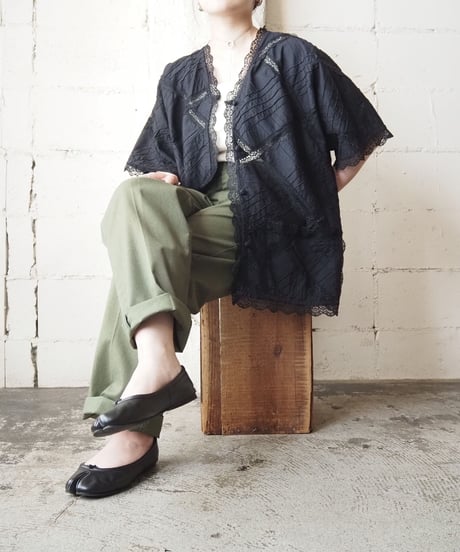 1970's Pin Tuck ×Lace Collarless Shirt Jacket BK
