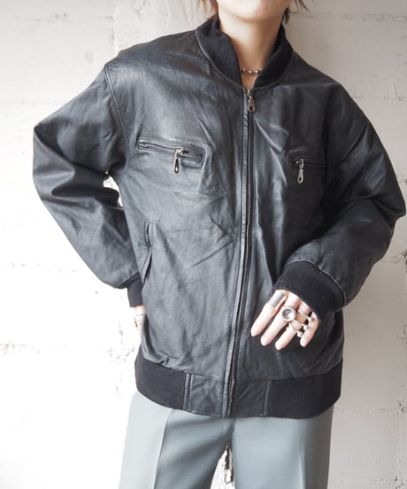 Rib Collar Leather Blouson BK