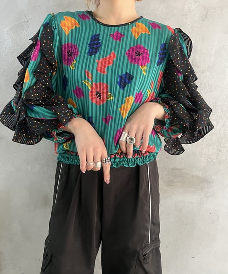 Flower×Stripe Pattern Frill Blouse BLYE